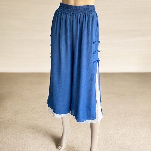 Wide Leg Linen Cotton Blue & Whited Cropped Pants Sz 6 - Picture 2 of 13